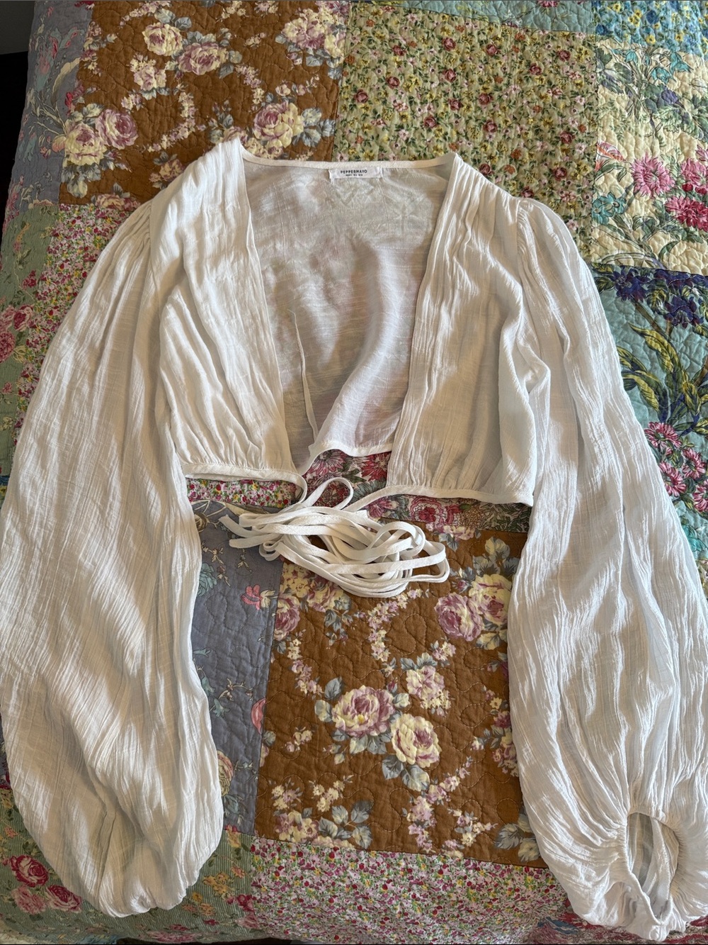 Peppermayo White Gauze Tie-Front Crop Top